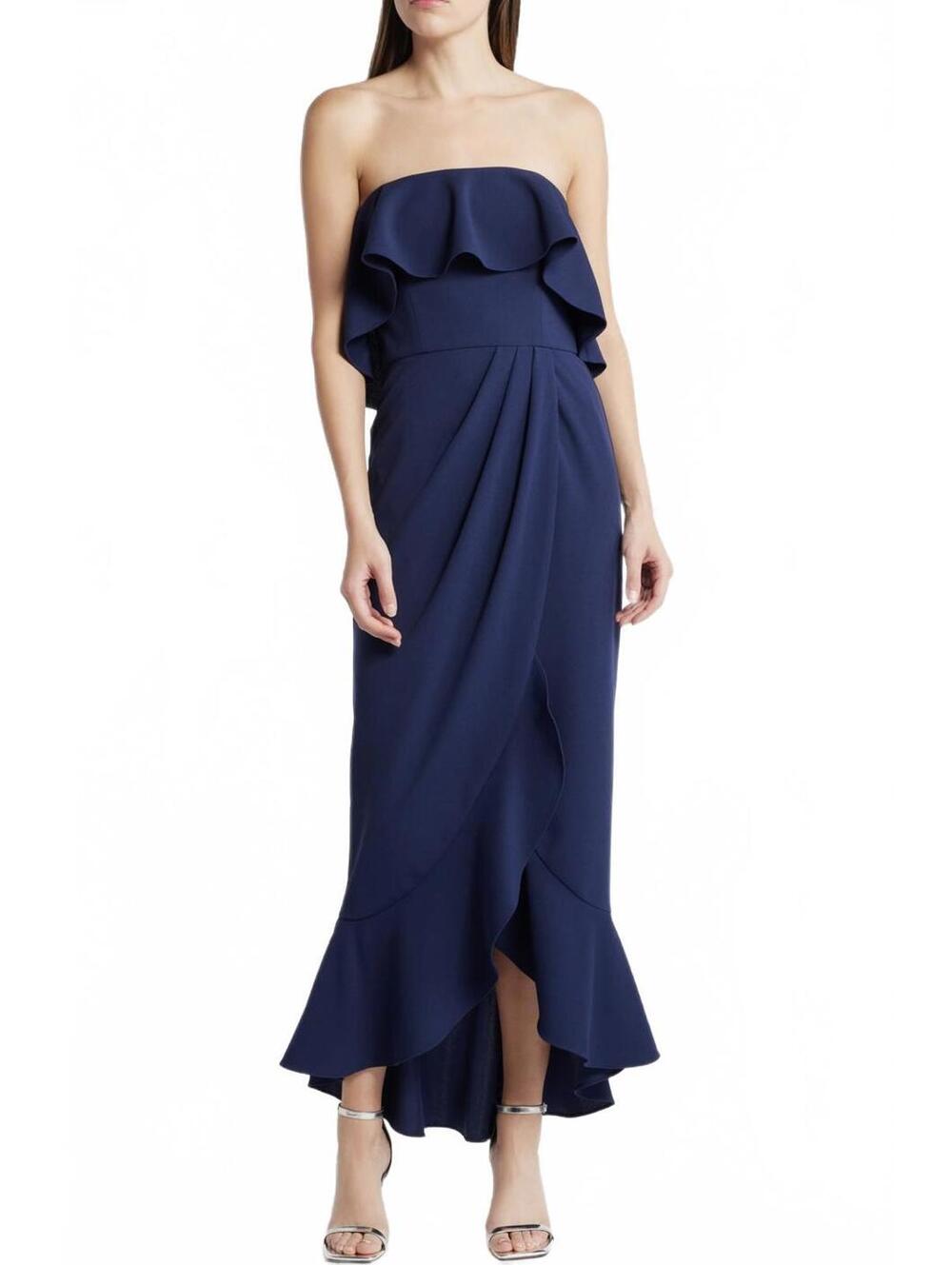 WAYF Noelia Strapless Ruffle Asymmetrical Gown Navy Blue NWT XS